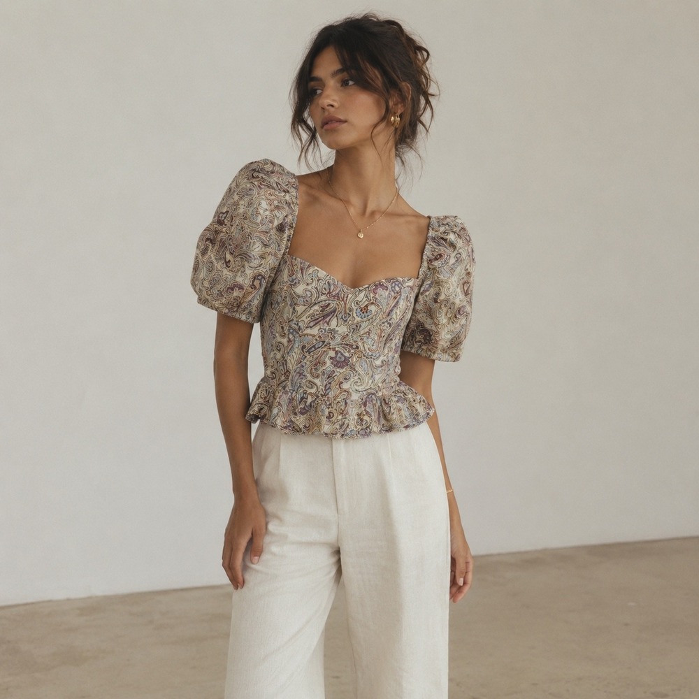 Antropologie Jacquie The Label Paisley Tapestry Puff Sleeve Boho Top Womens L